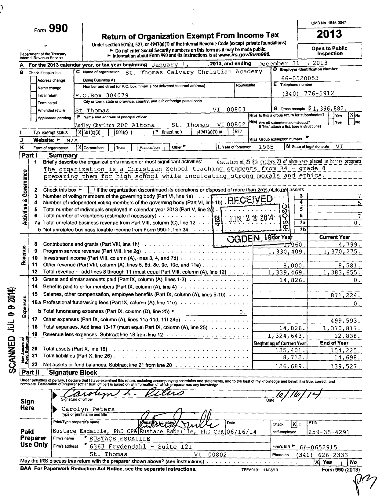 Image of first page of 2013 Form 990 for Calvary Christian Academy of the Virgin Islands