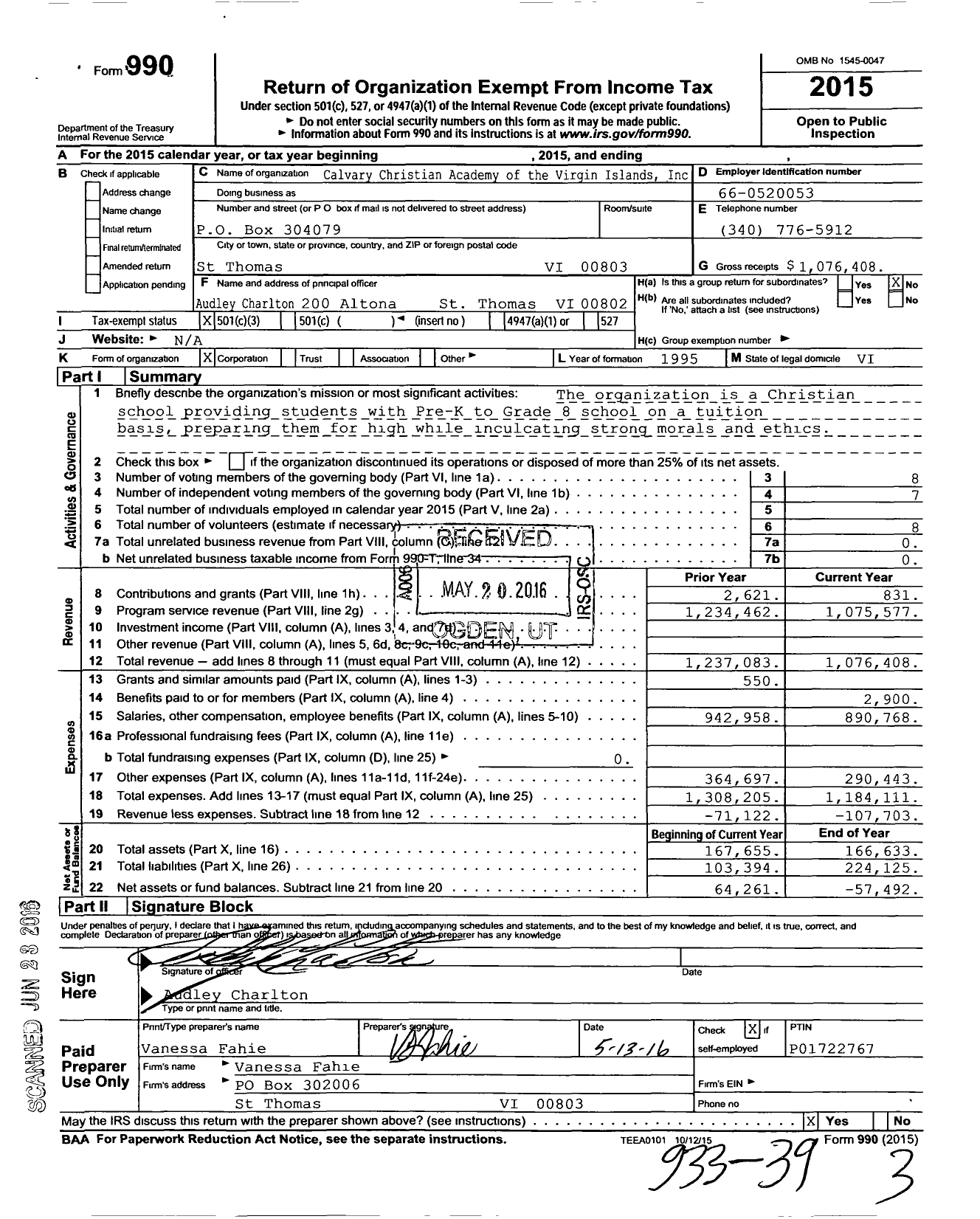 Image of first page of 2015 Form 990 for Calvary Christian Academy of the Virgin Islands