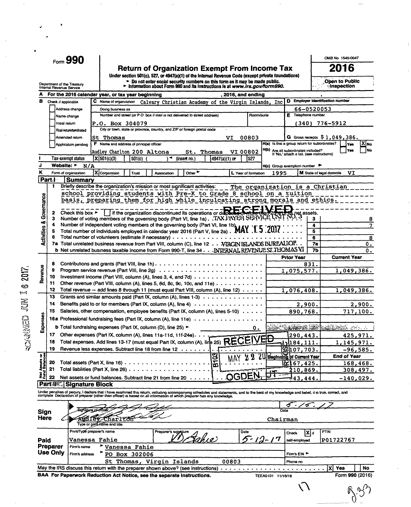 Image of first page of 2016 Form 990 for Calvary Christian Academy of the Virgin Islands