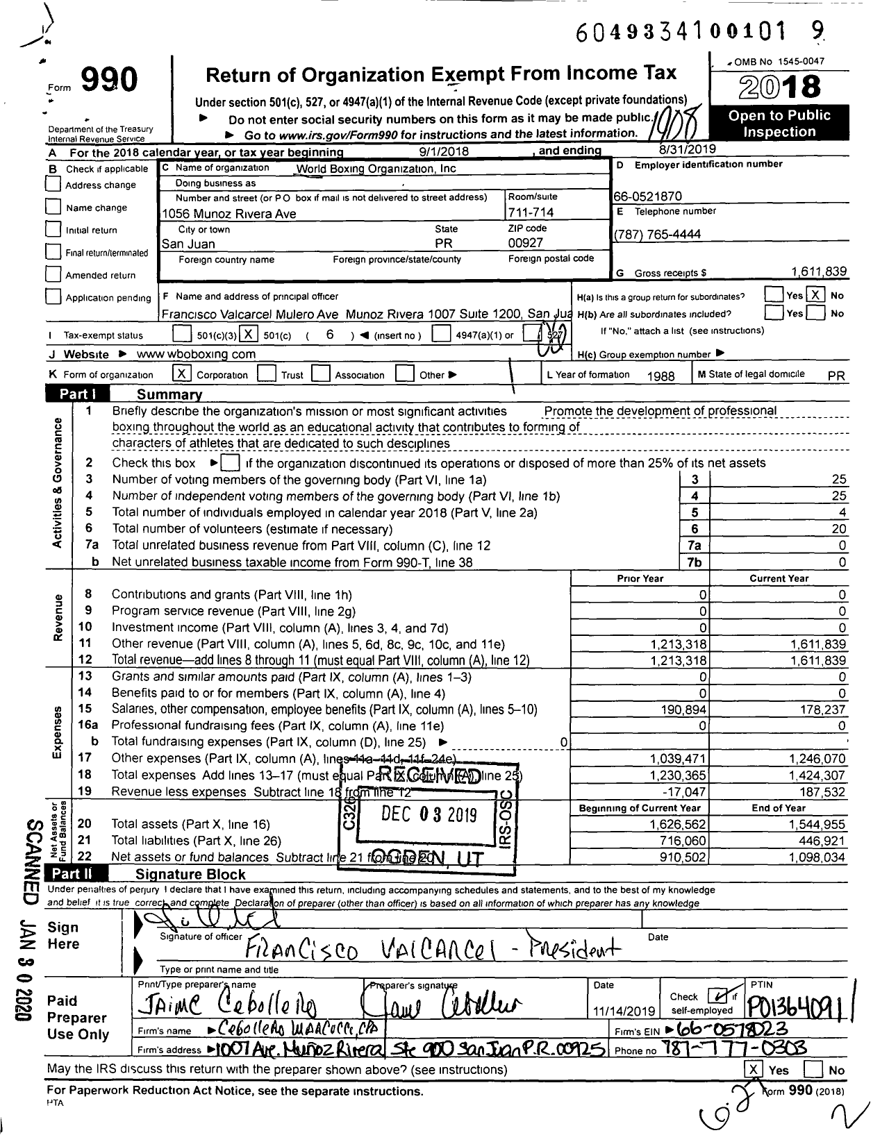 Image of first page of 2018 Form 990O for World Boxing Organization (WBO)