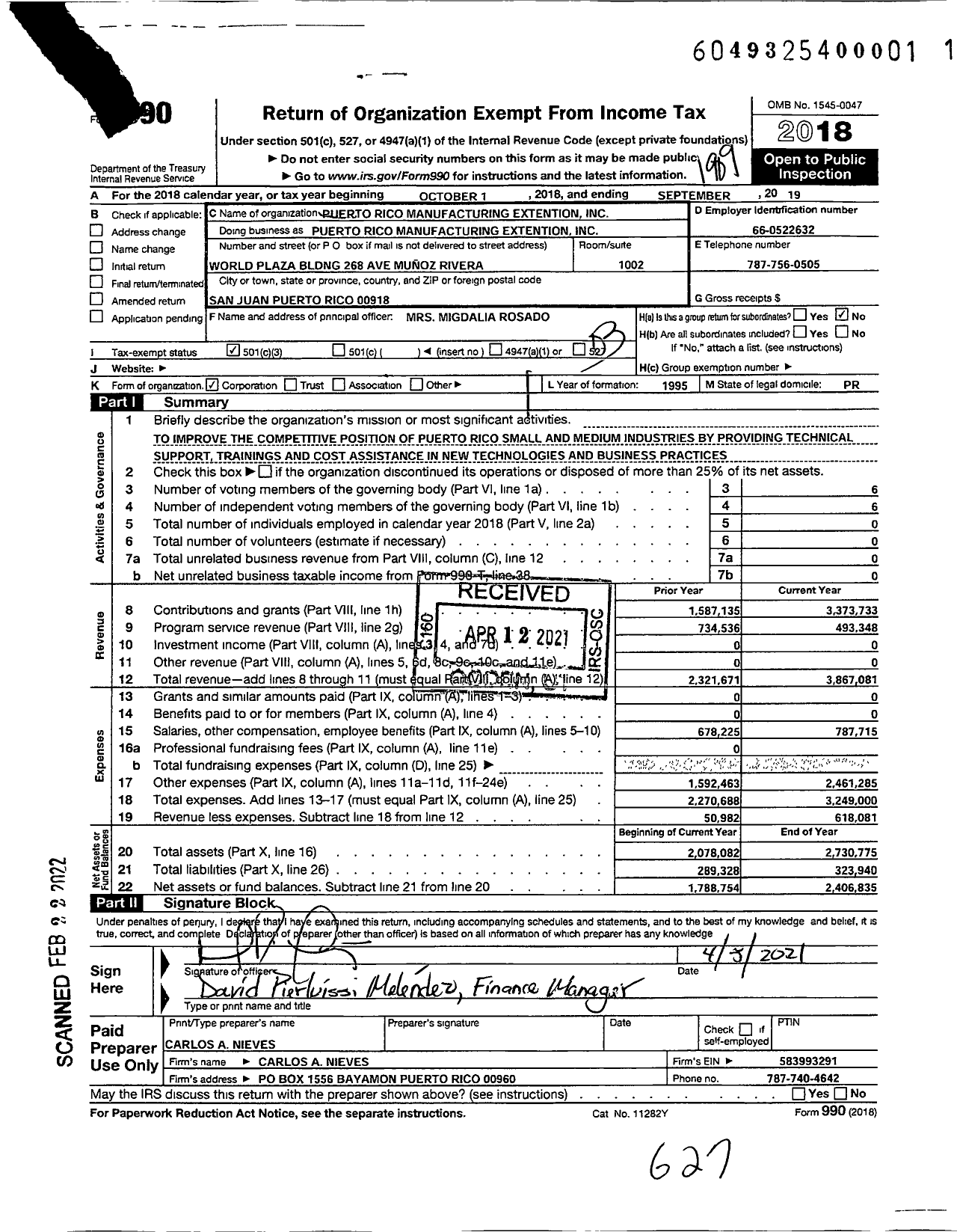 Image of first page of 2018 Form 990 for Puerto Rico Manufacturing Extension Primex