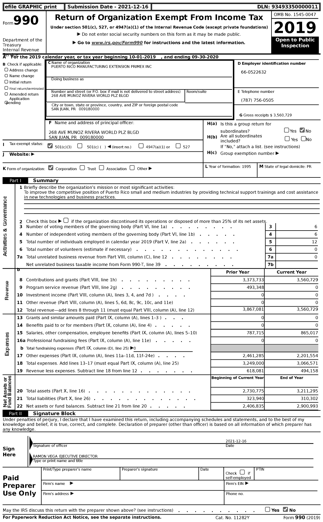Image of first page of 2019 Form 990 for Puerto Rico Manufacturing Extension Primex