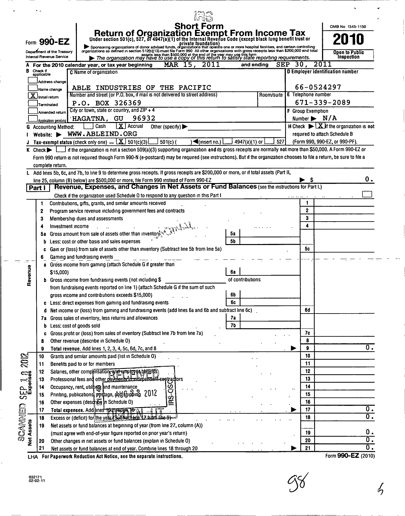 Image of first page of 2010 Form 990EZ for Able Industries of the Pacific