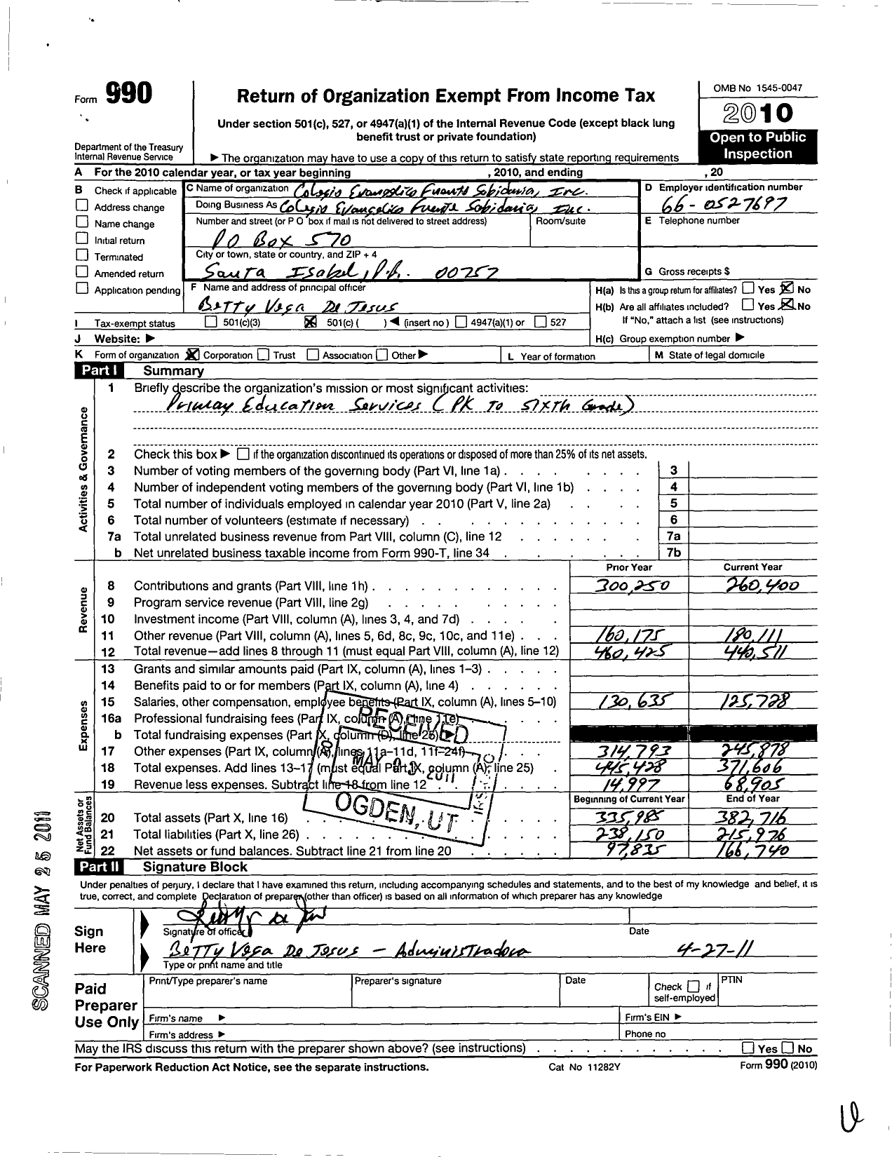 Image of first page of 2010 Form 990O for Colegio Evangelico Fuerte Sabiduria