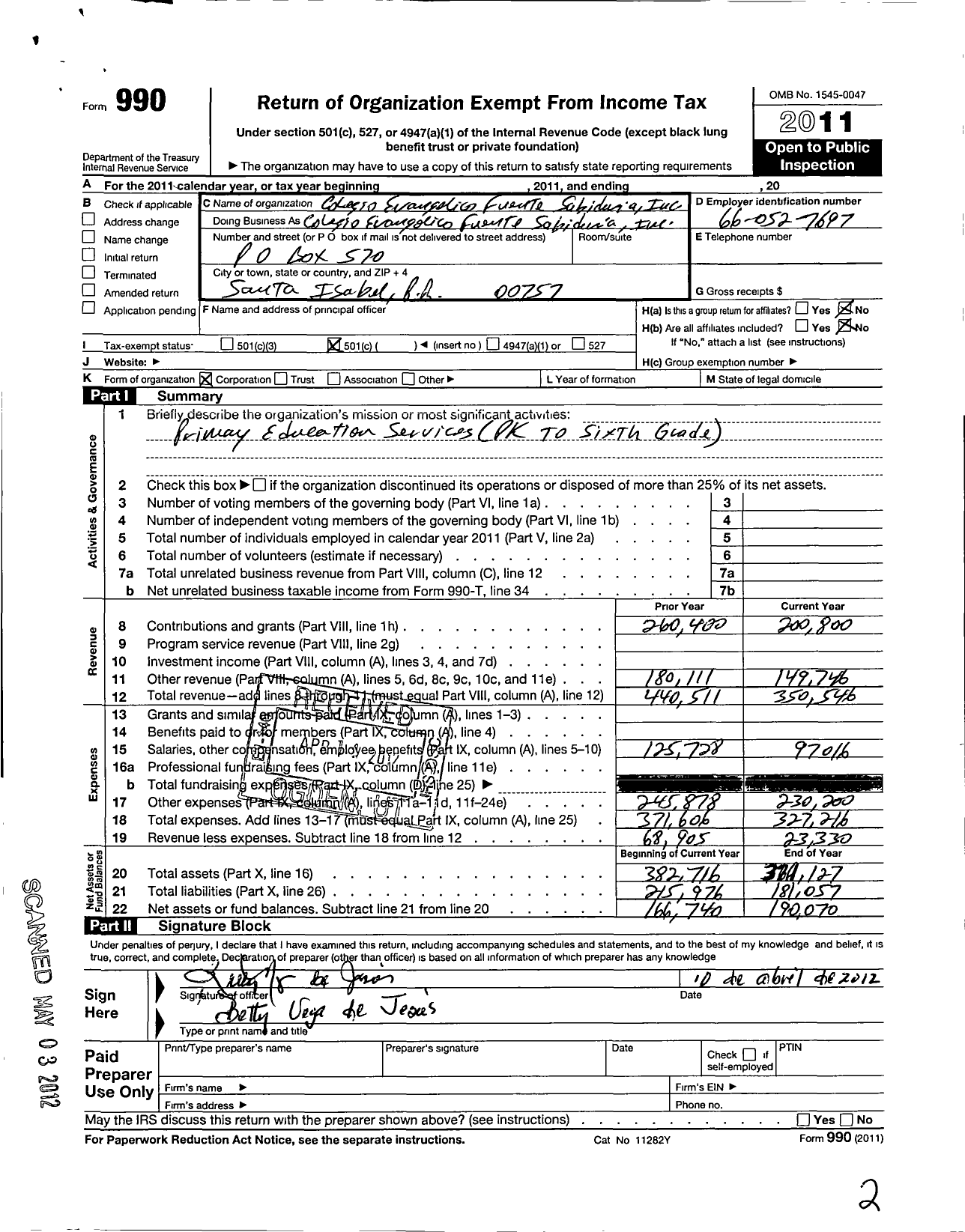 Image of first page of 2011 Form 990O for Colegio Evangelico Fuerte Sabiduria
