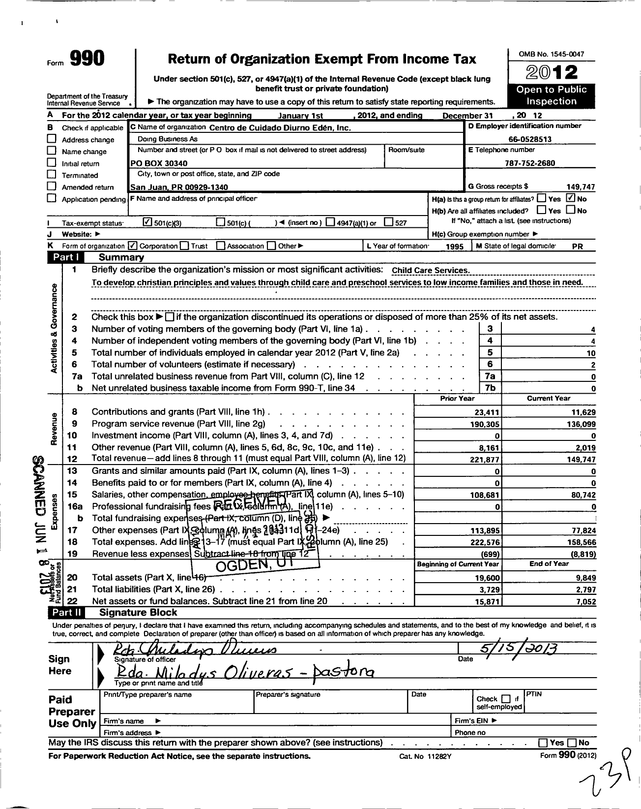 Image of first page of 2012 Form 990 for Centro de Cuidado Diurno Eden