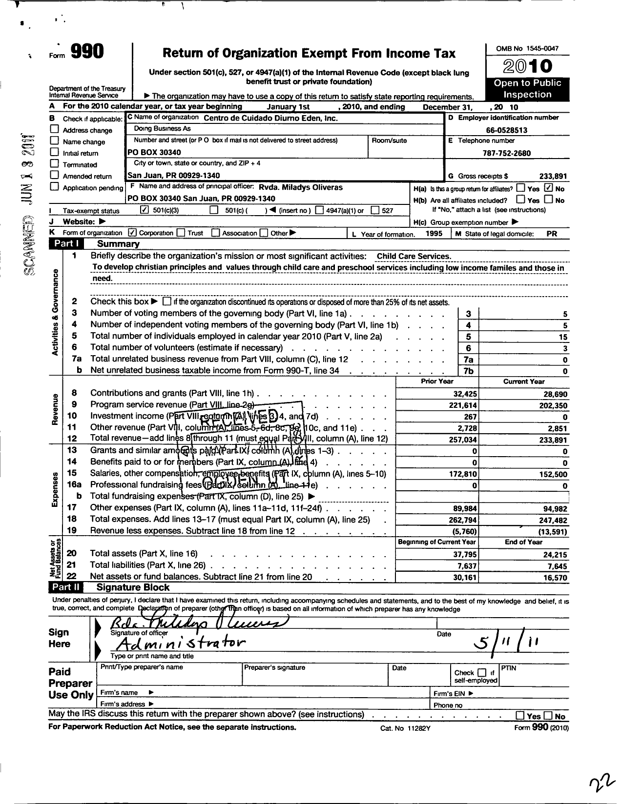 Image of first page of 2010 Form 990 for Centro de Cuidado Diurno Eden