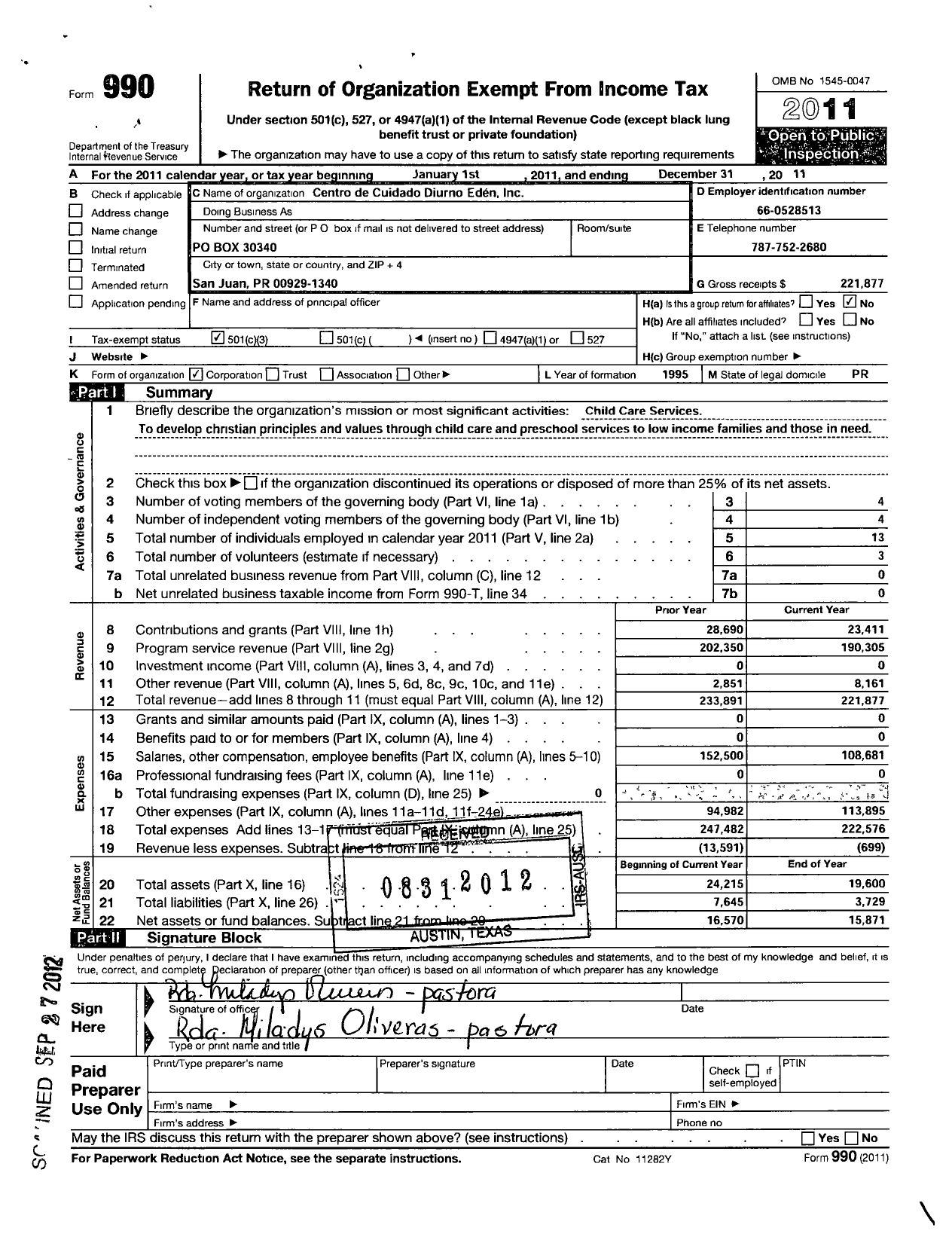 Image of first page of 2011 Form 990 for Centro de Cuidado Diurno Eden