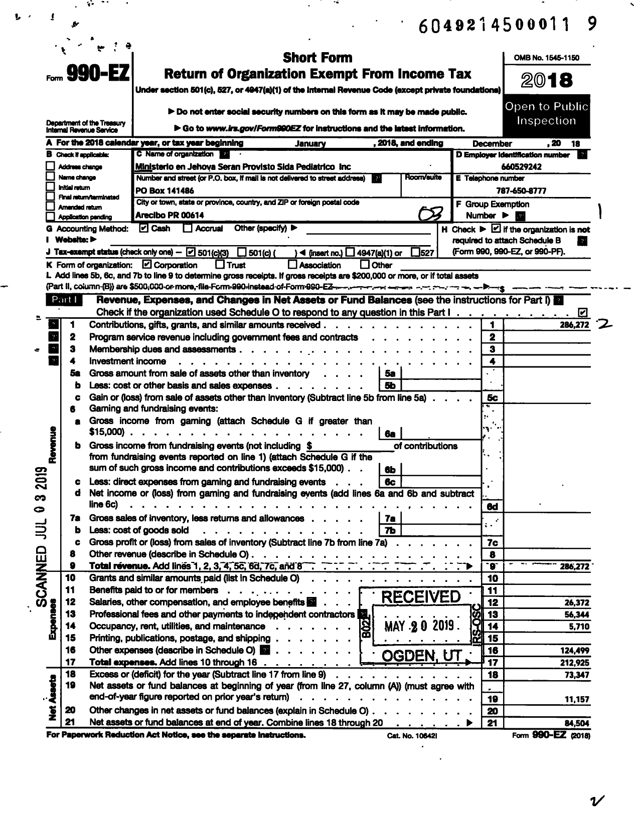 Image of first page of 2018 Form 990EZ for P A C T A