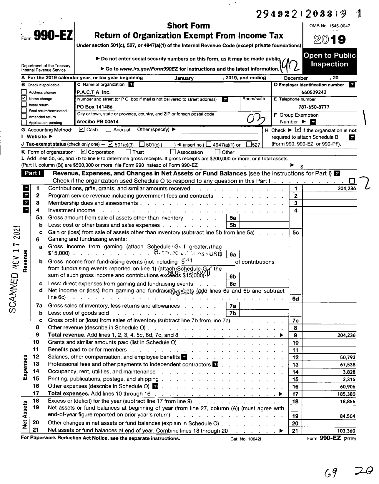 Image of first page of 2019 Form 990EZ for P A C T A