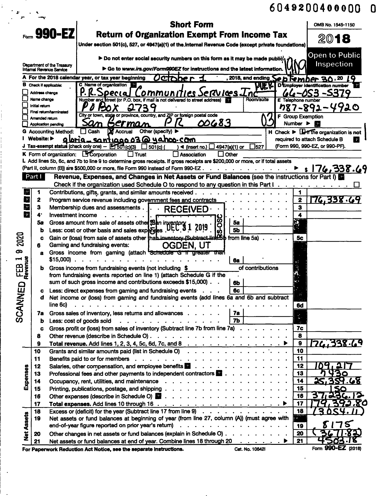 Image of first page of 2018 Form 990EZ for Puerto Rican Special Community Services