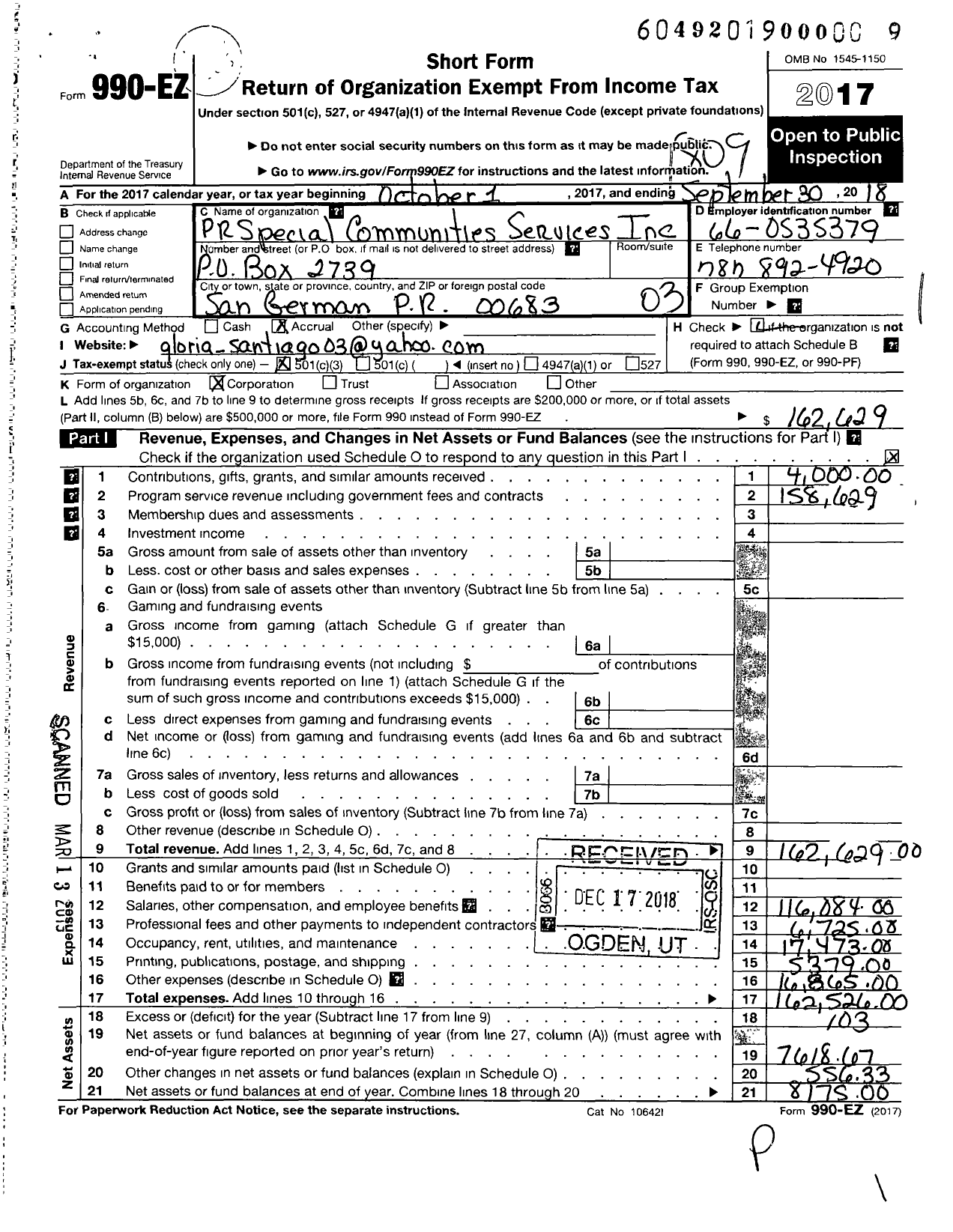 Image of first page of 2017 Form 990EZ for Puerto Rican Special Community Services