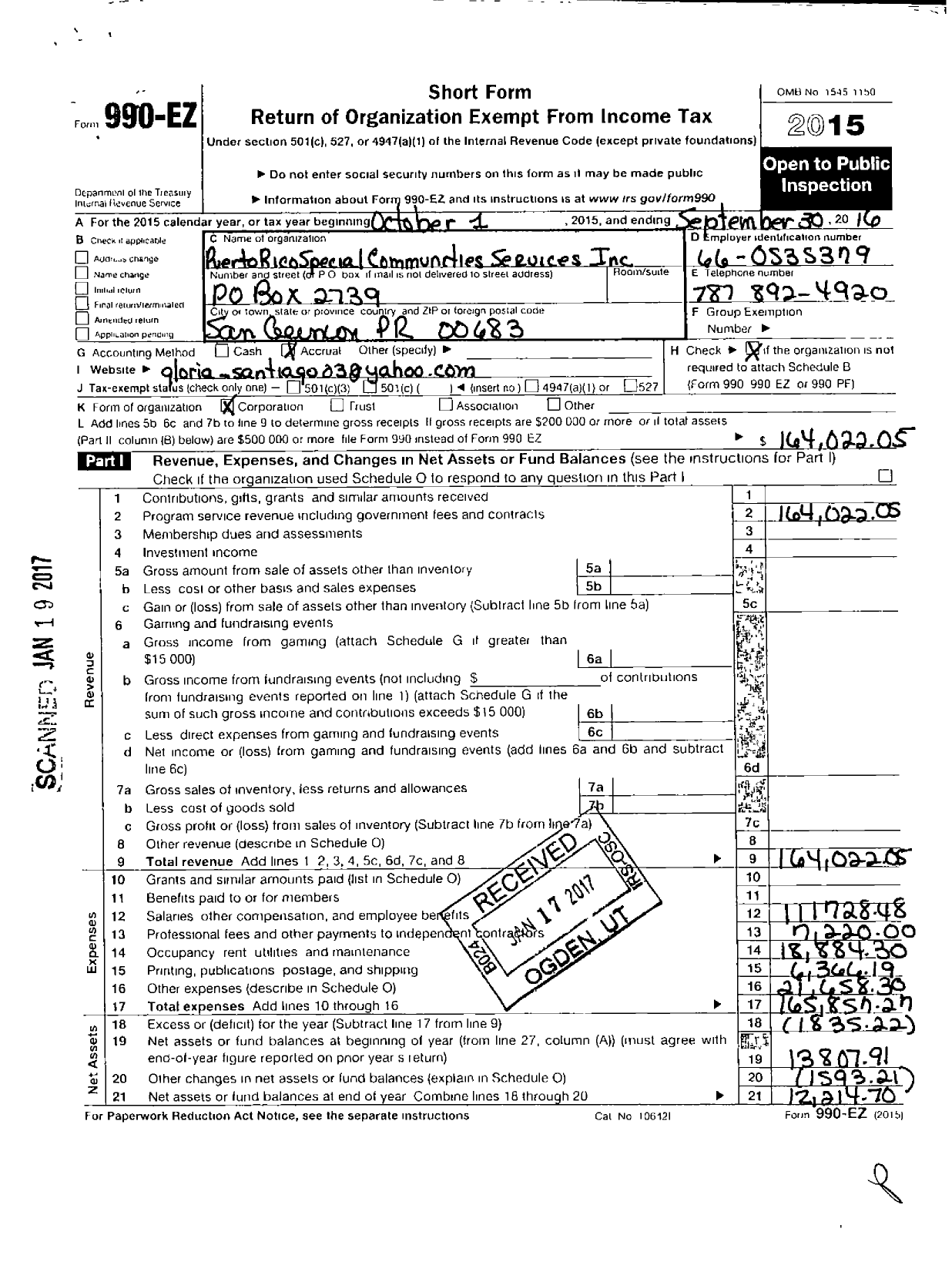 Image of first page of 2015 Form 990EO for Puerto Rican Special Community Services