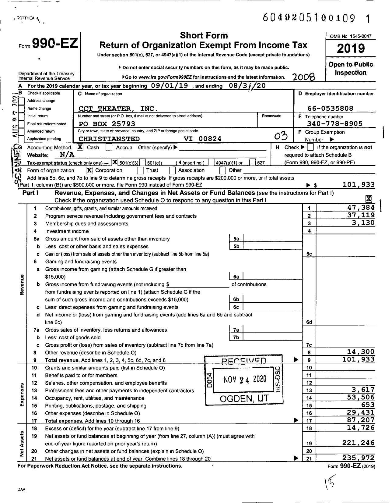 Image of first page of 2019 Form 990EZ for CCT Theater