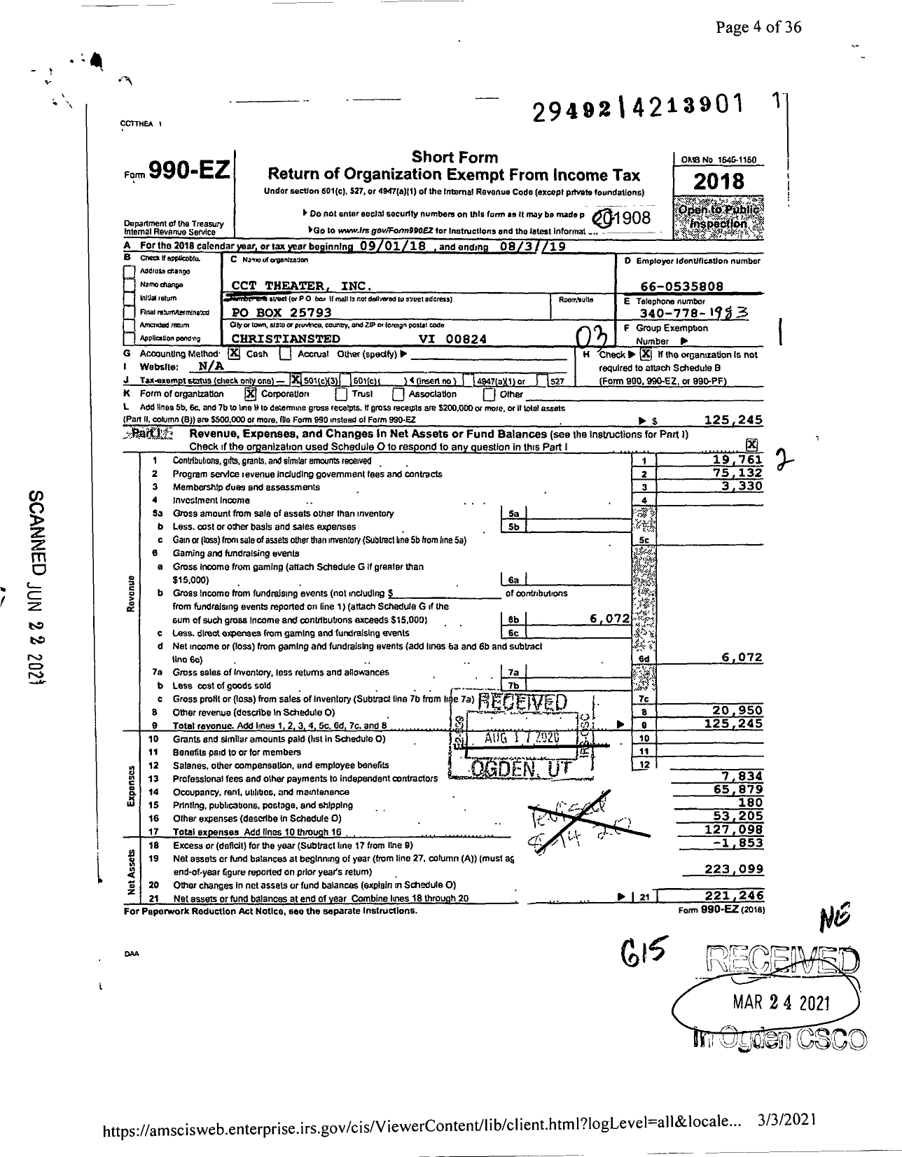 Image of first page of 2018 Form 990EZ for CCT Theater