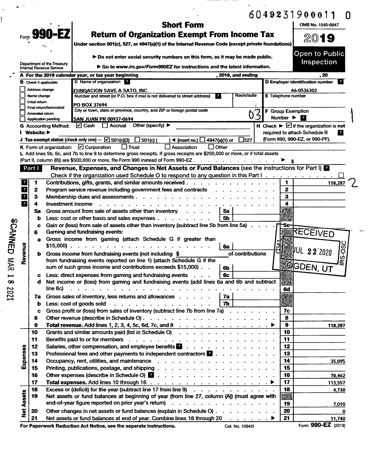 Image of first page of 2019 Form 990EZ for Save A Sato