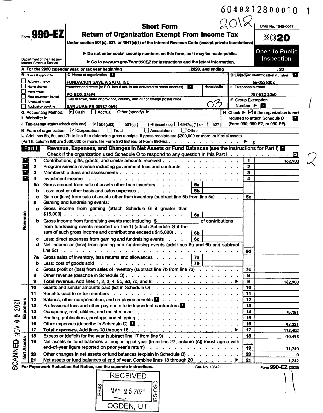 Image of first page of 2020 Form 990EZ for Save A Sato
