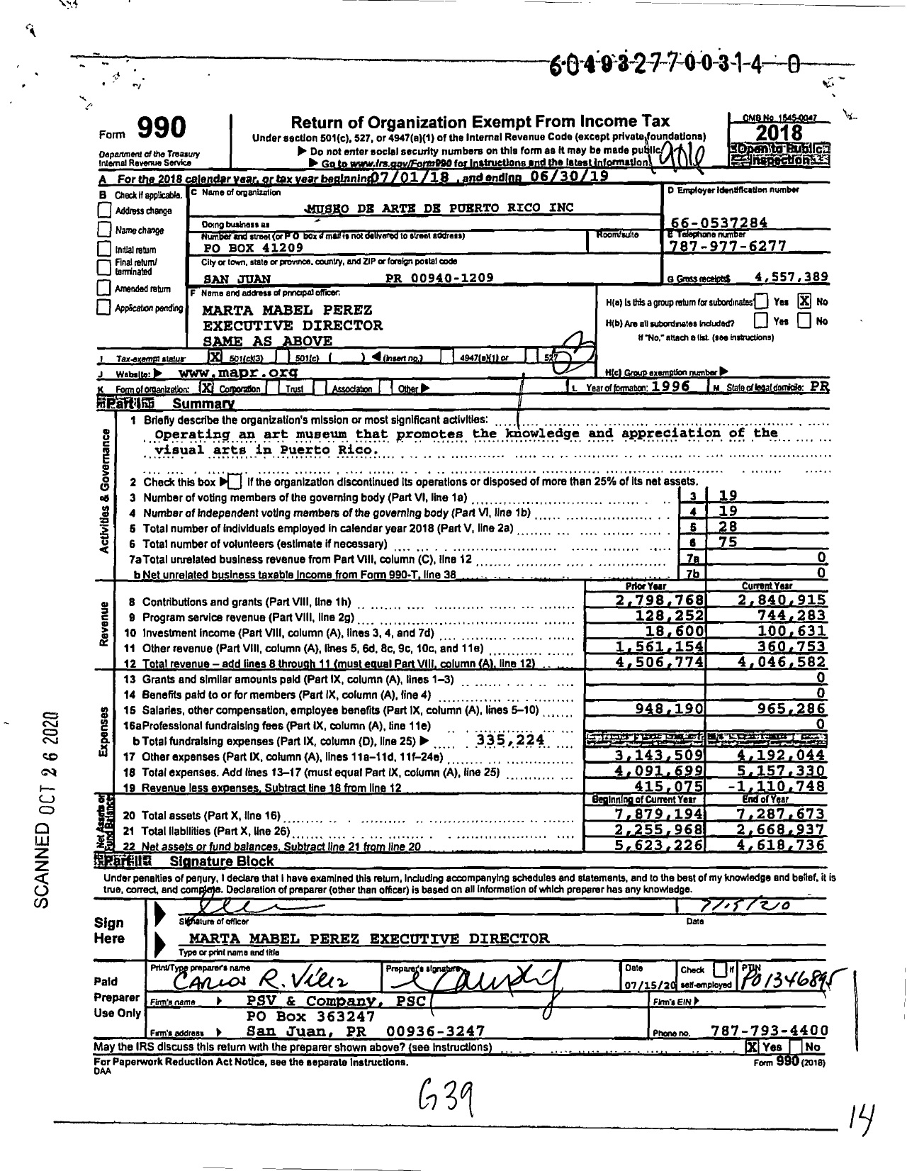 Image of first page of 2018 Form 990 for Museo de Arte de Puerto Rico (MAPR)