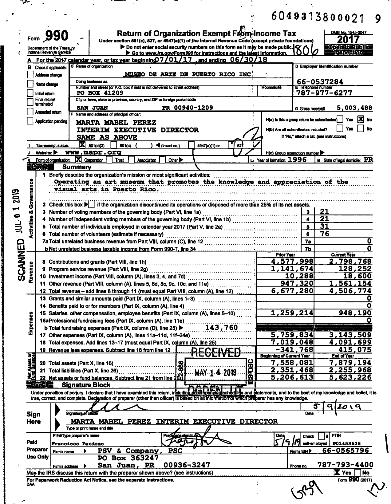 Image of first page of 2017 Form 990 for Museo de Arte de Puerto Rico (MAPR)