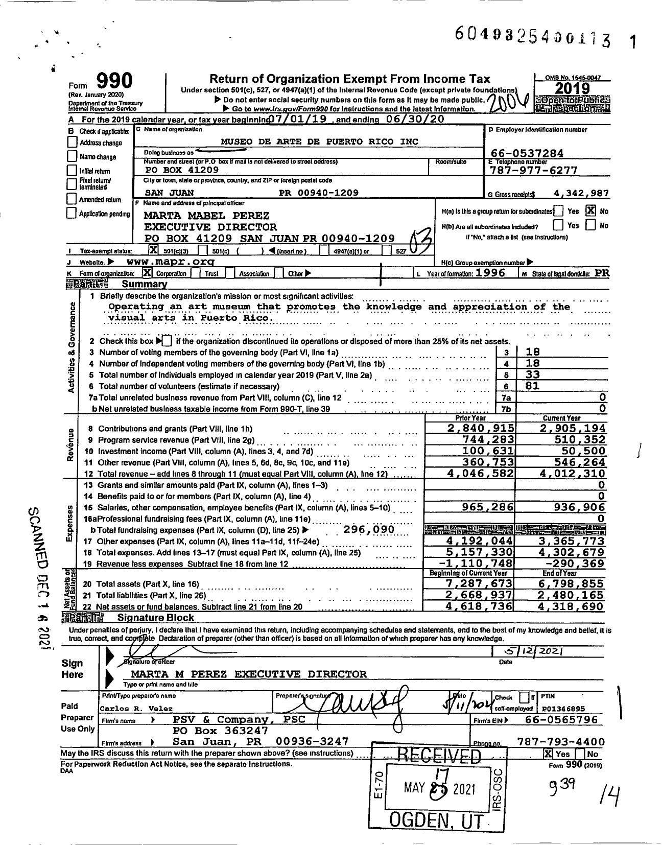 Image of first page of 2019 Form 990 for Museo de Arte de Puerto Rico (MAPR)