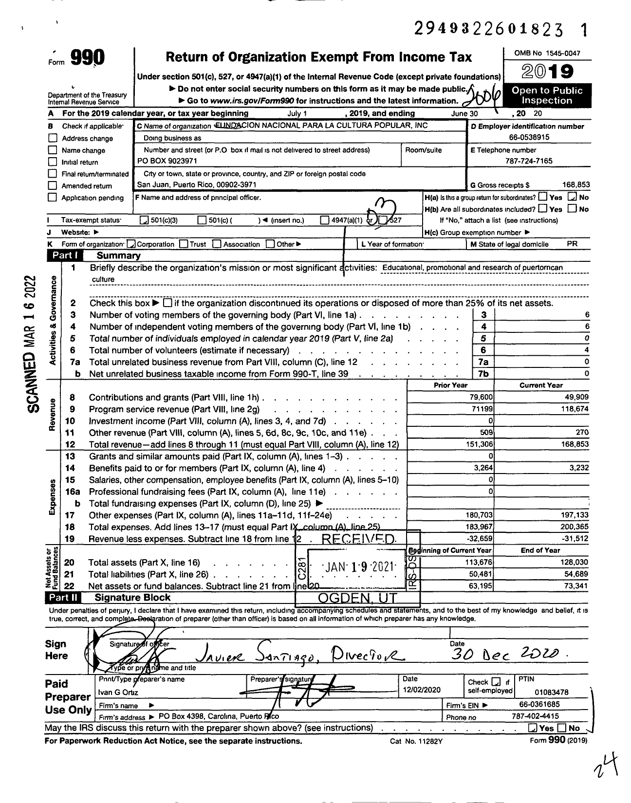 Image of first page of 2019 Form 990 for Fundacion Nacional Para La Cultura Popular