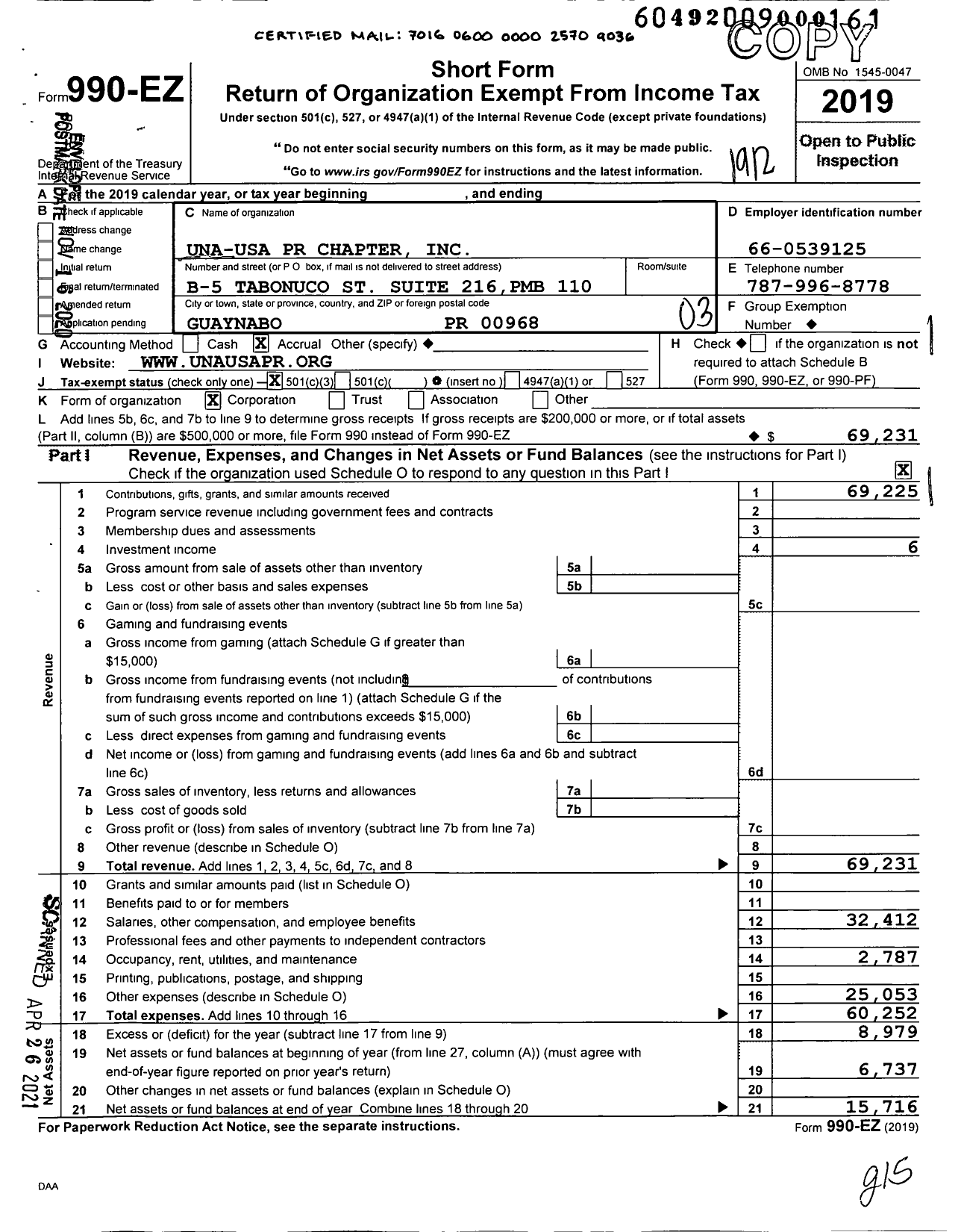 Image of first page of 2019 Form 990EZ for Una-Usa PR Chapter