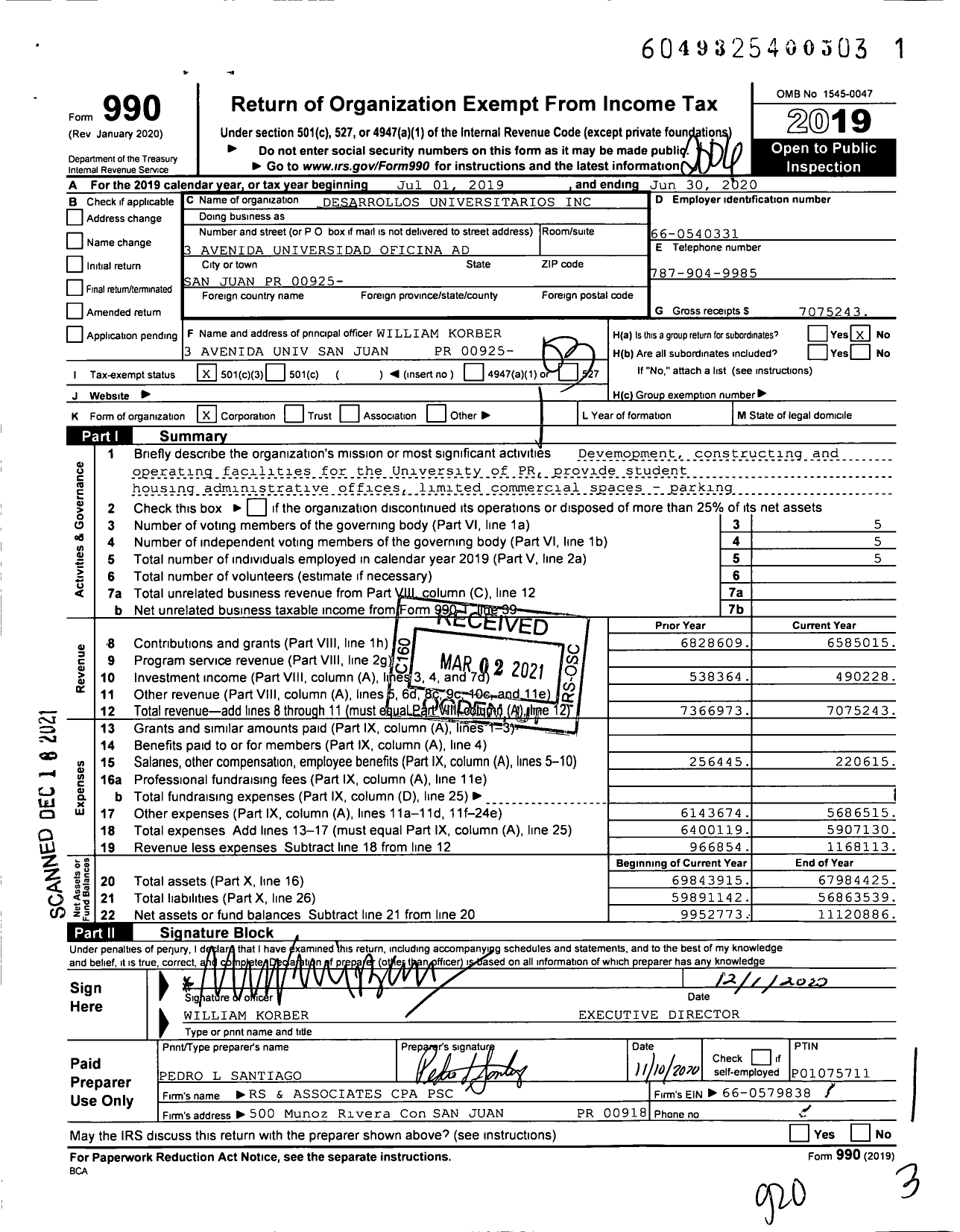 Image of first page of 2019 Form 990 for Desarrollos Universitarios