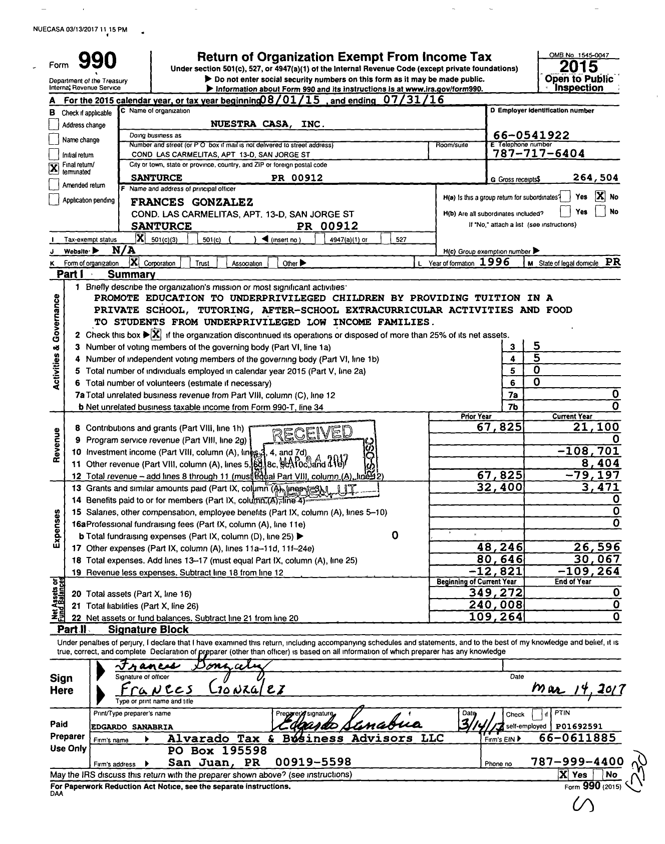 Image of first page of 2015 Form 990 for Nuestra Casa / Condado Mail Station