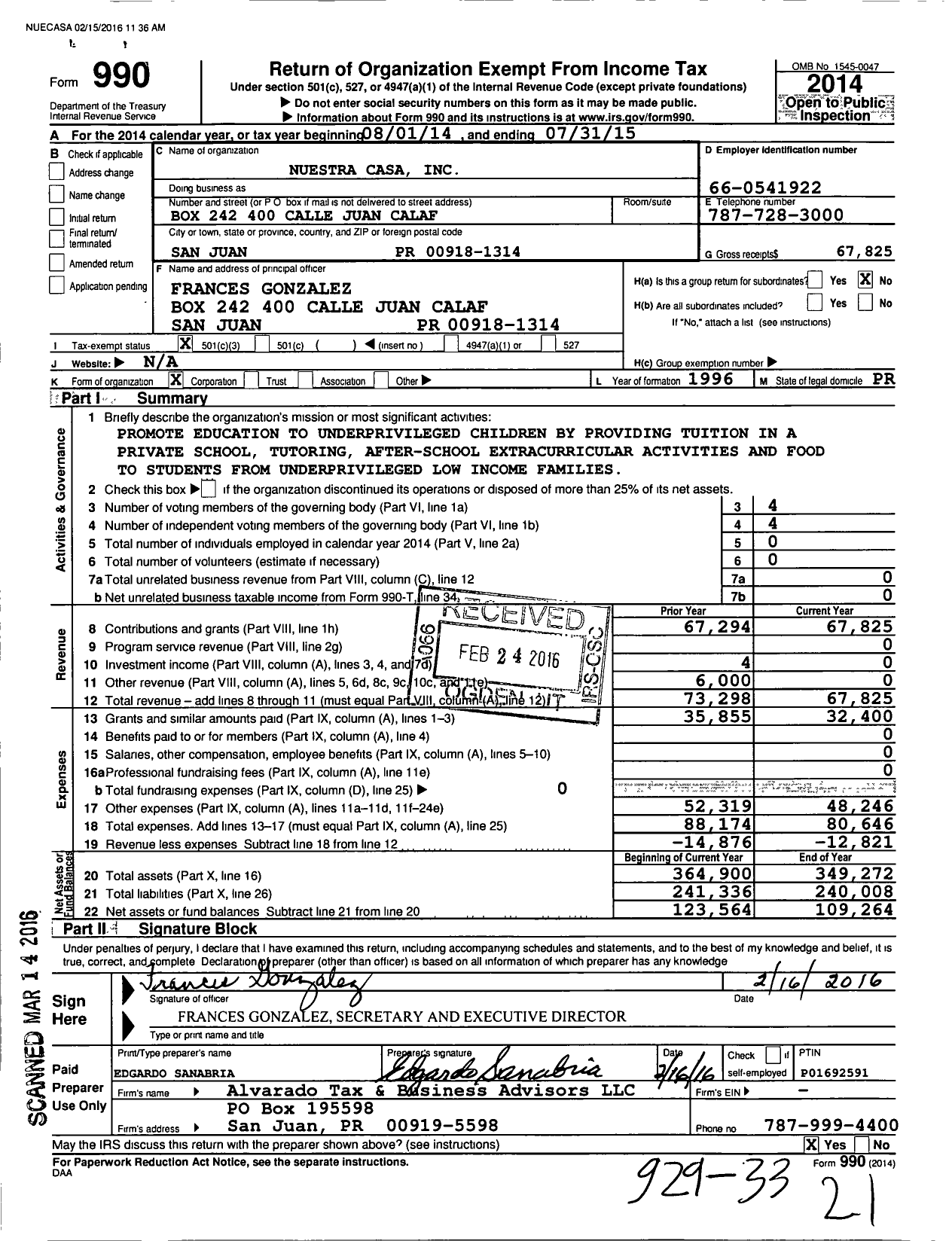 Image of first page of 2014 Form 990 for Nuestra Casa / Condado Mail Station