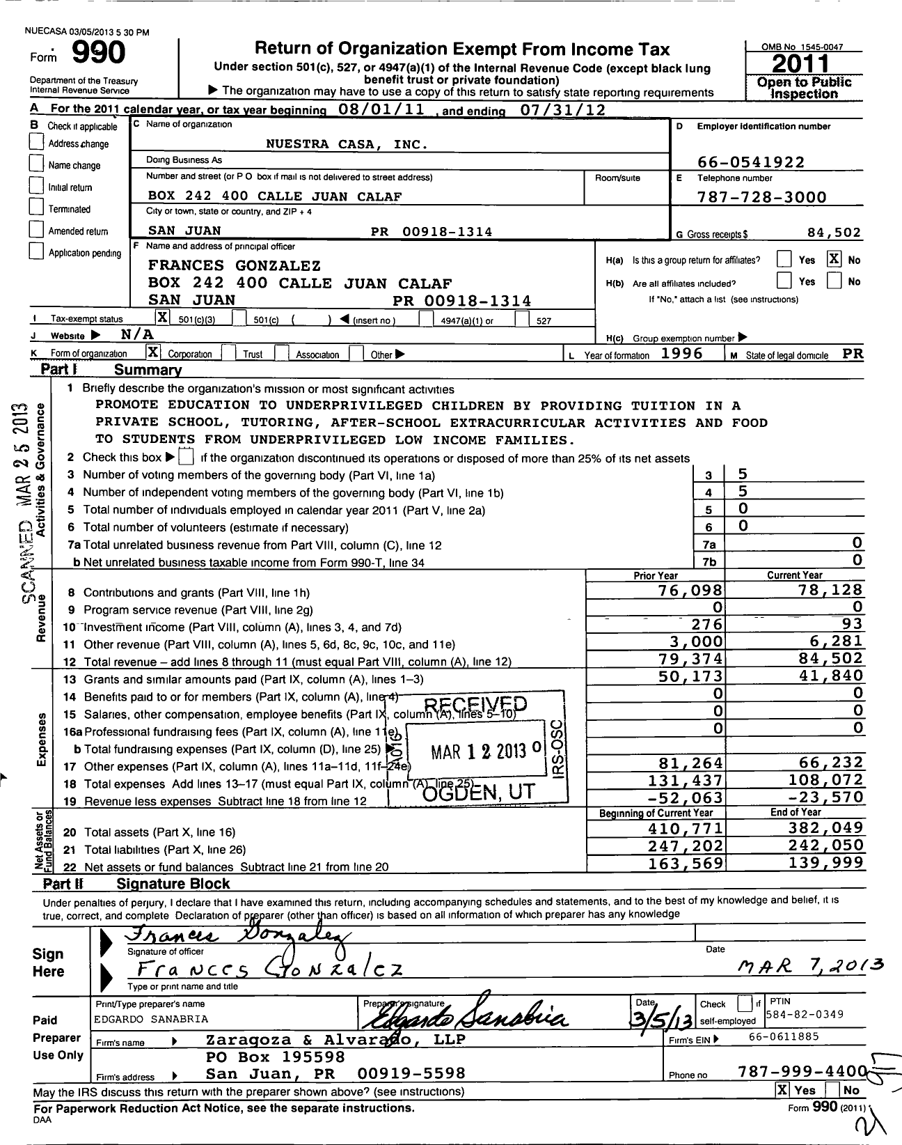 Image of first page of 2011 Form 990 for Nuestra Casa / Condado Mail Station