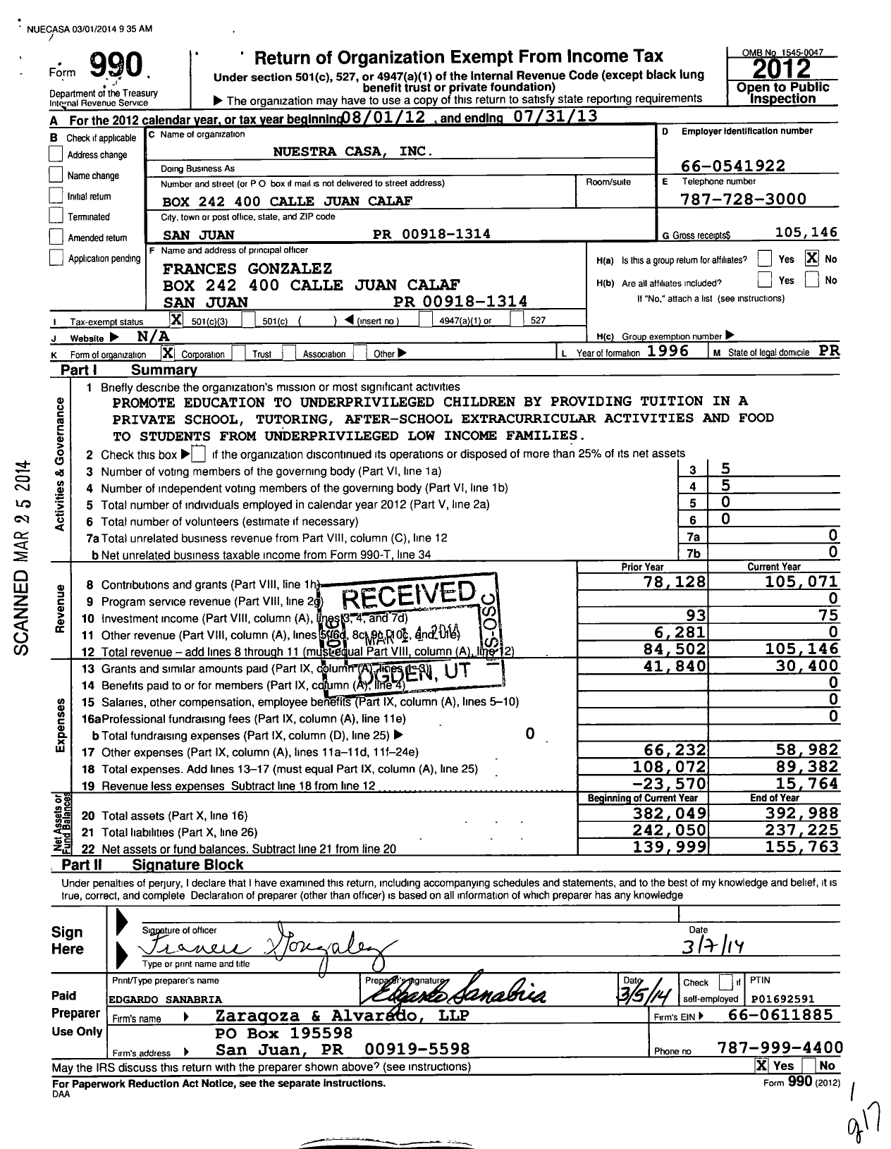 Image of first page of 2012 Form 990 for Nuestra Casa / Condado Mail Station