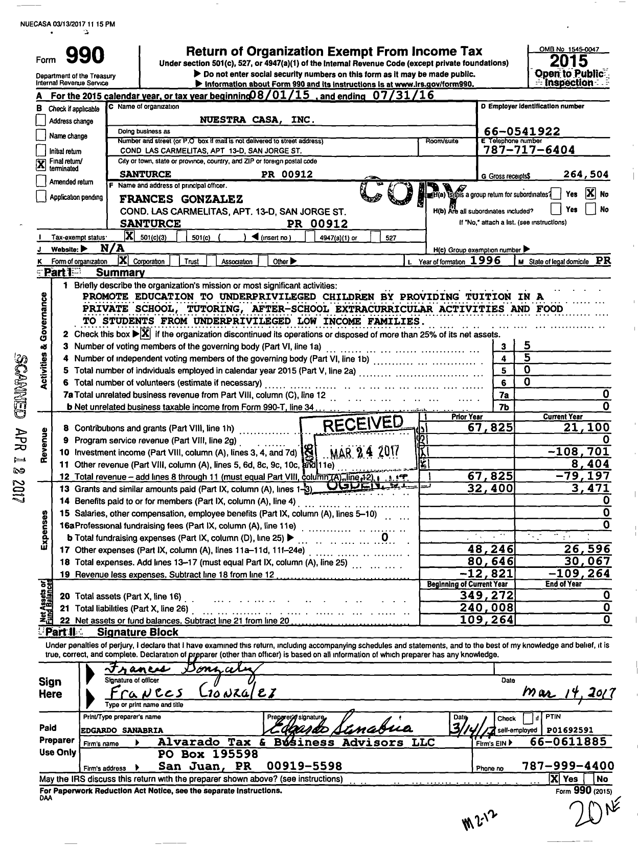 Image of first page of 2015 Form 990 for Nuestra Casa / Condado Mail Station