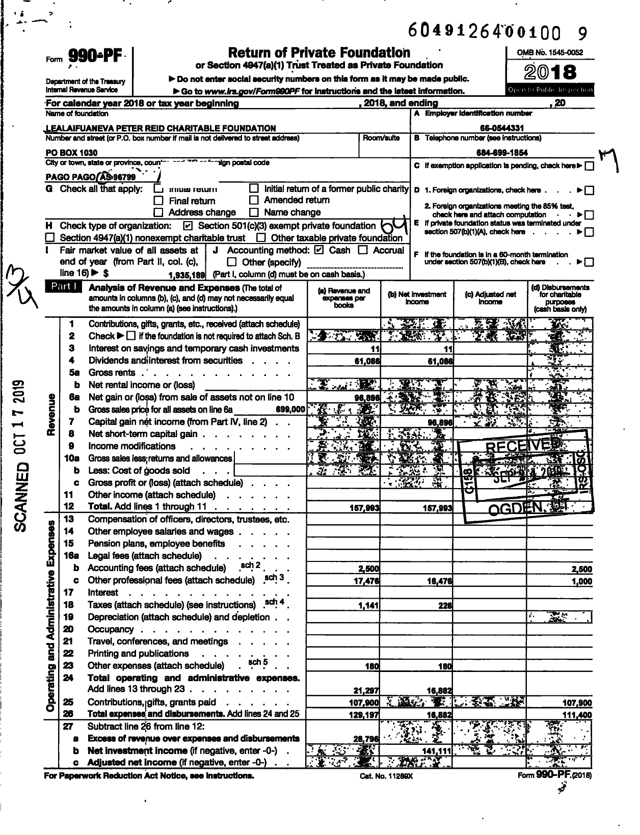 Image of first page of 2018 Form 990PF for Lealaifuaneva Peter Reid Charitable Foundation