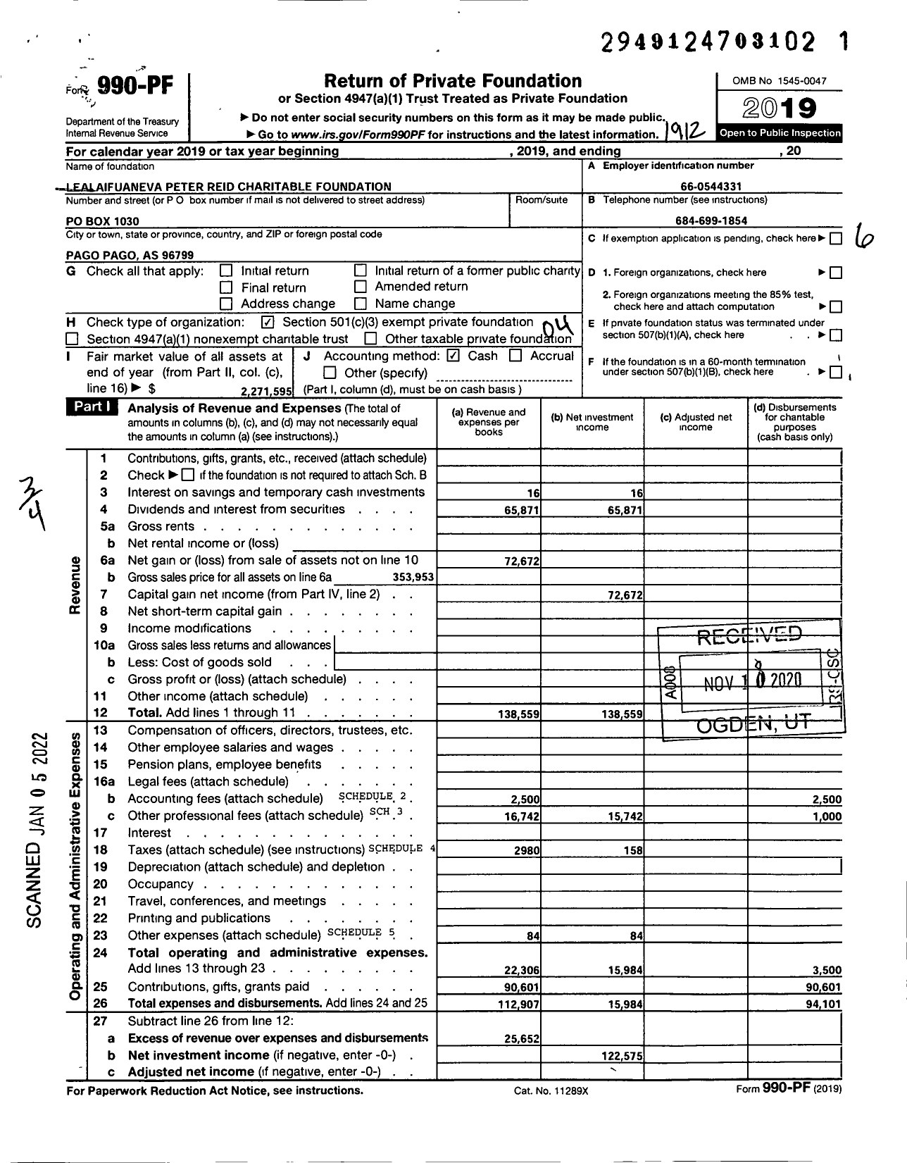 Image of first page of 2019 Form 990PF for Lealaifuaneva Peter Reid Charitable Foundation