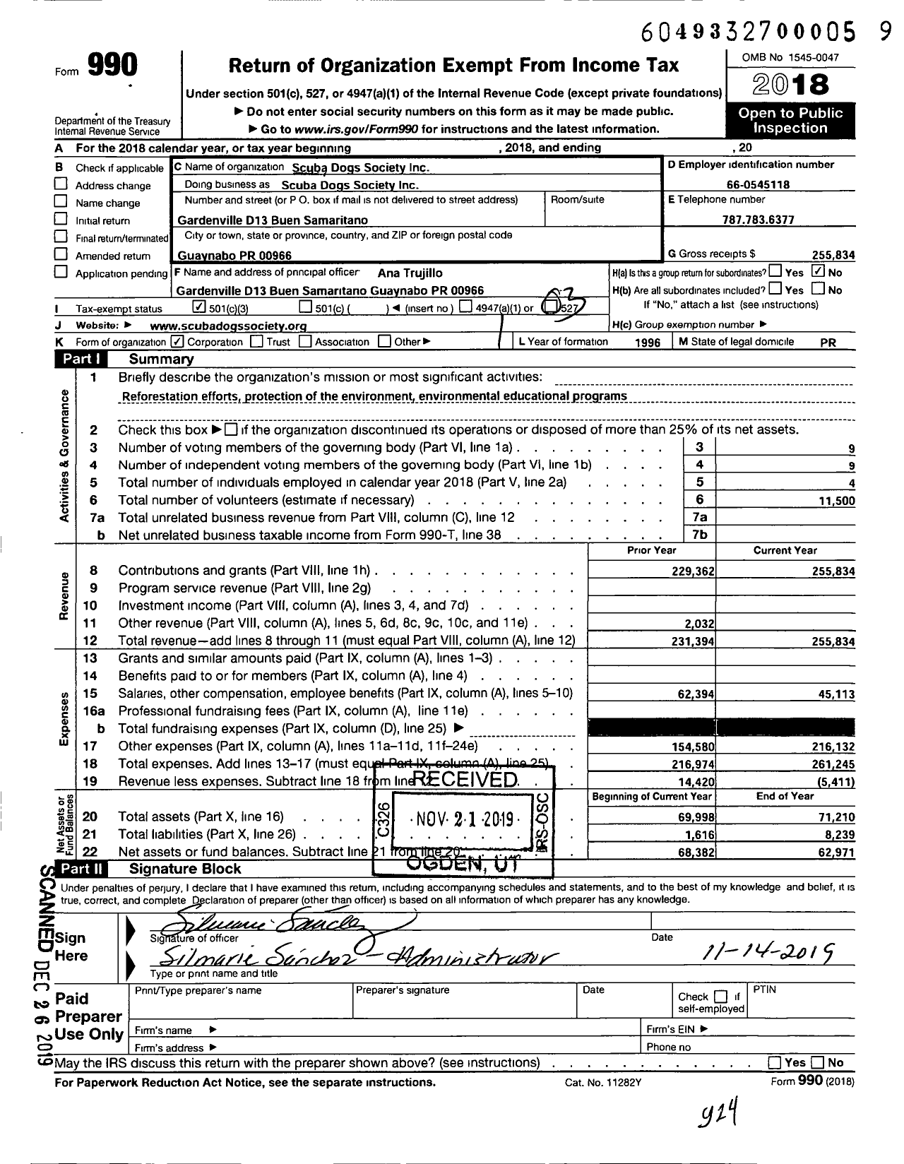 Image of first page of 2018 Form 990 for Scuba Dogs Society