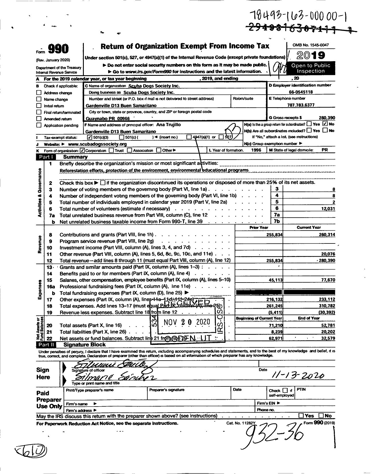 Image of first page of 2019 Form 990 for Scuba Dogs Society