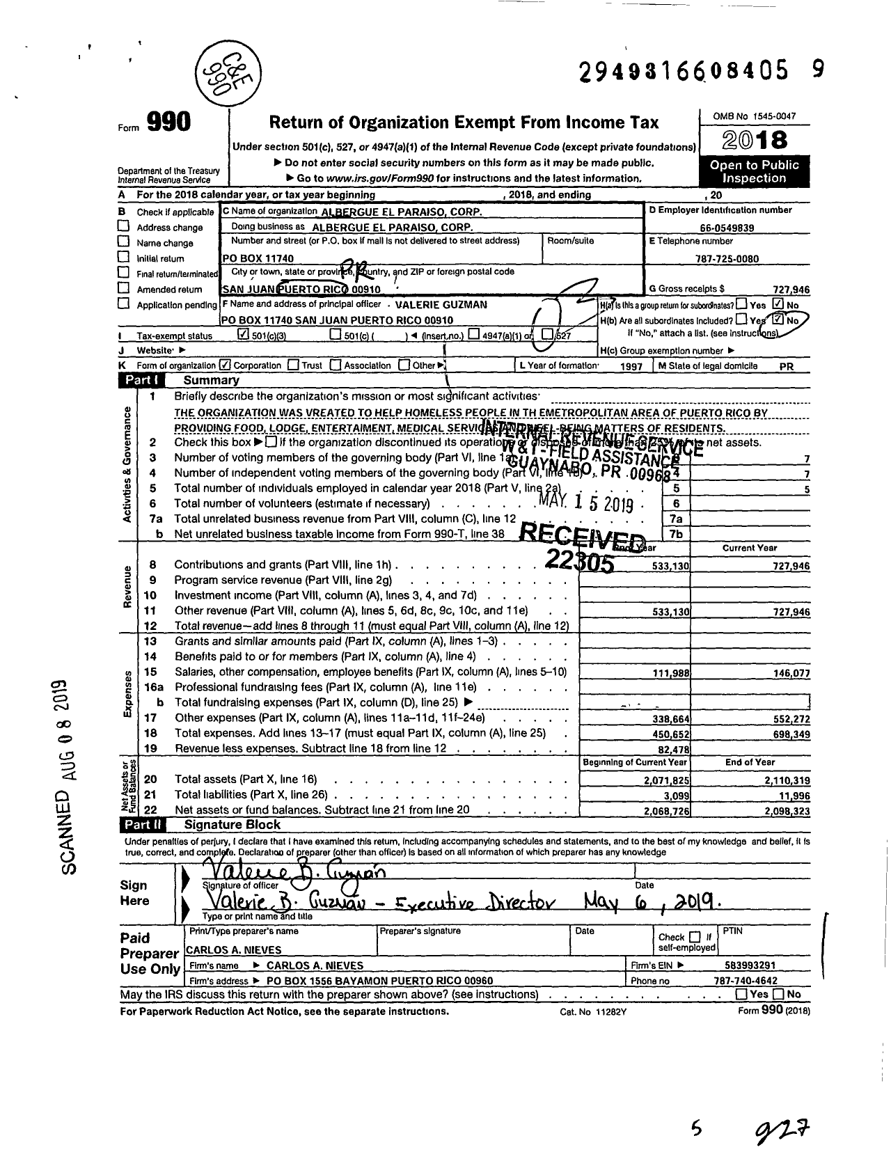 Image of first page of 2018 Form 990 for Albergue El Paraiso