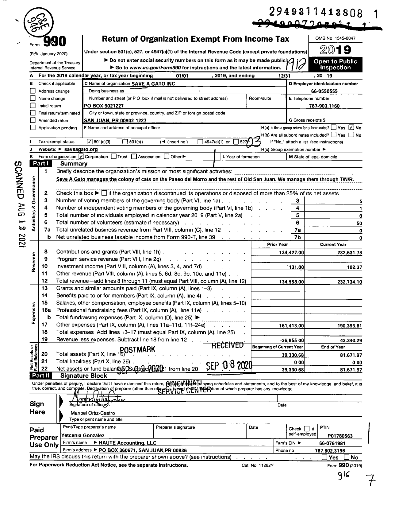 Image of first page of 2019 Form 990 for Save A Gato