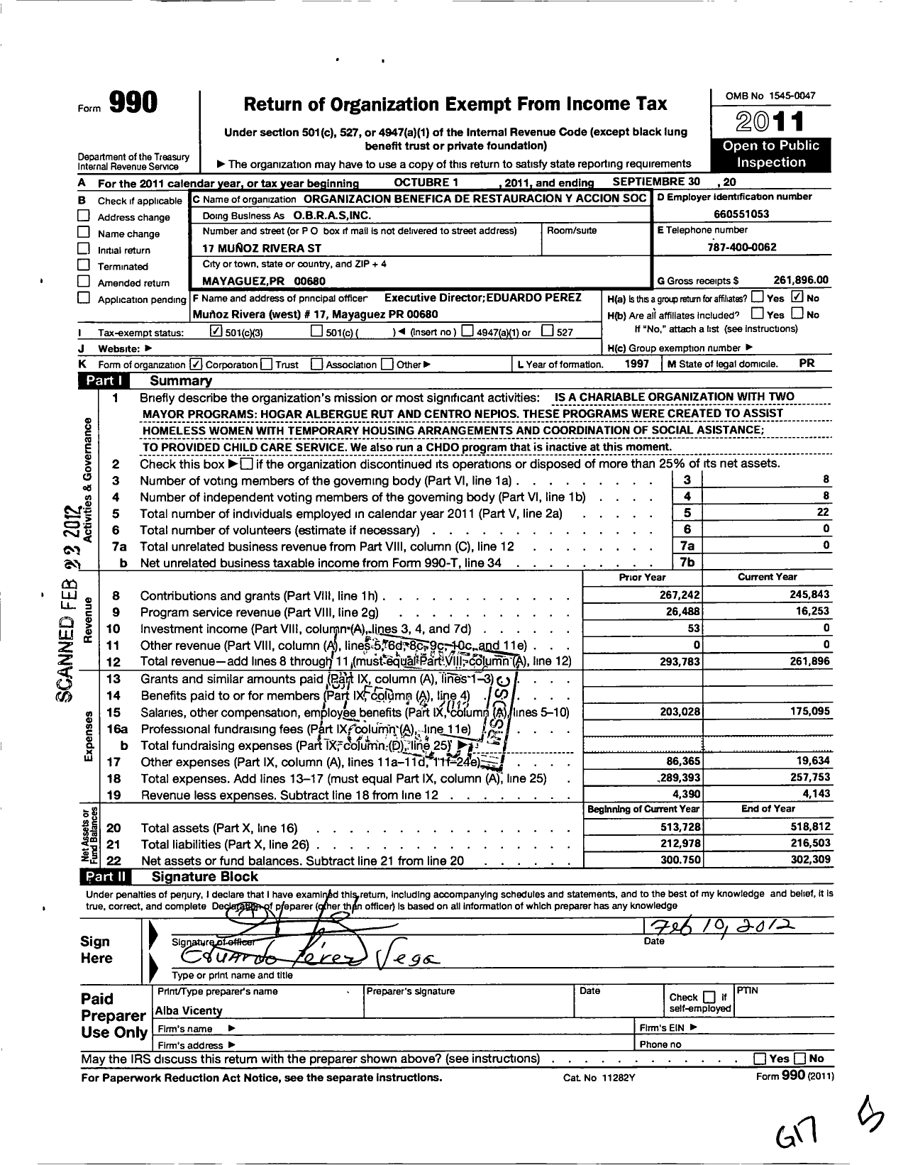 Image of first page of 2010 Form 990 for Organization Benefica de Restauracion and Accion Social