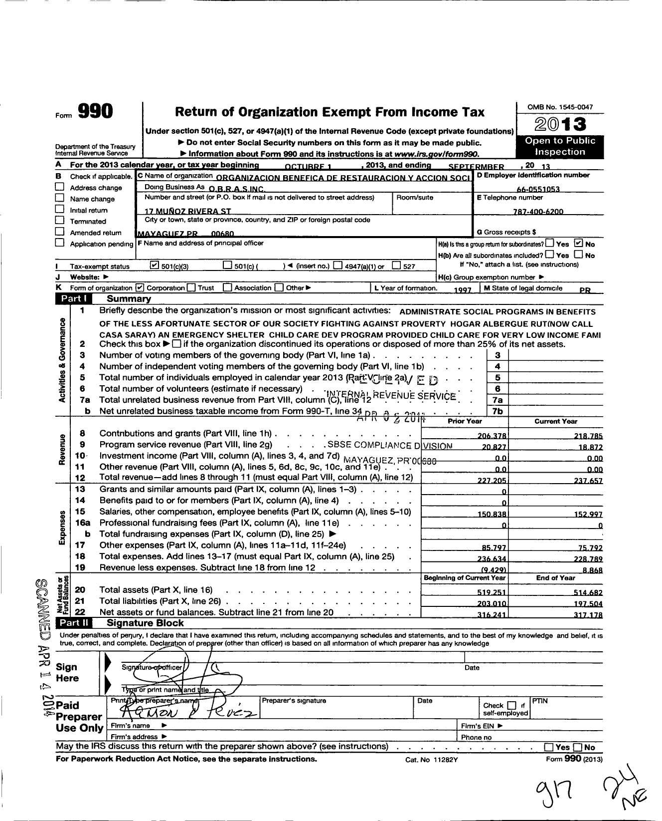 Image of first page of 2012 Form 990 for Organization Benefica de Restauracion and Accion Social