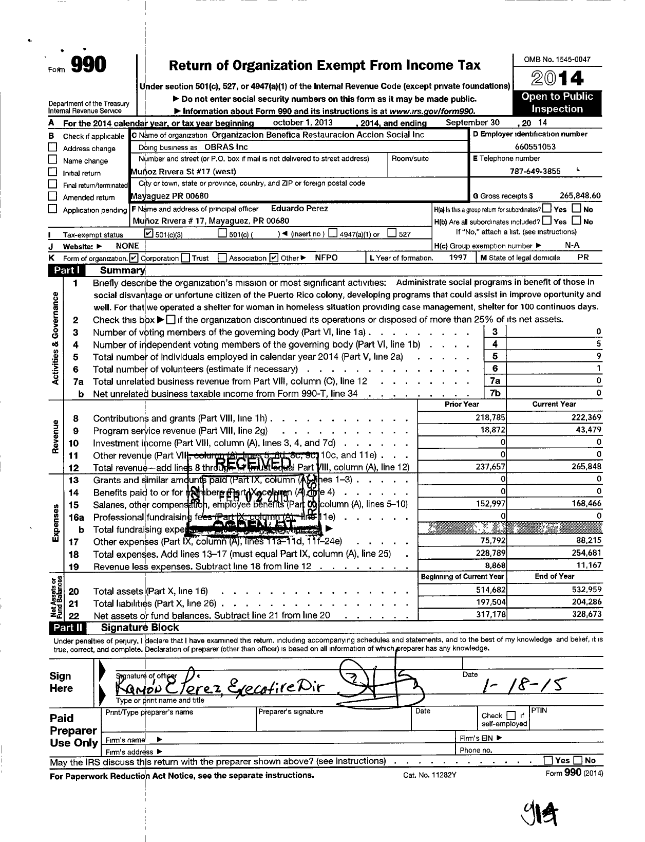 Image of first page of 2013 Form 990 for Organization Benefica de Restauracion and Accion Social