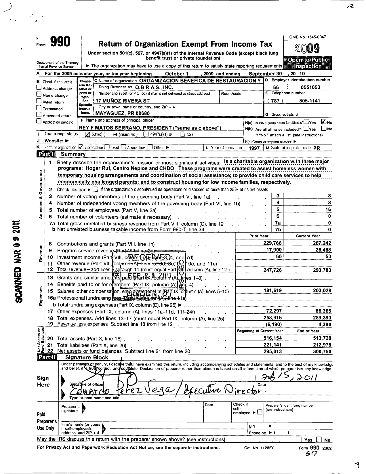 Image of first page of 2009 Form 990O for Organization Benefica de Restauracion and Accion Social