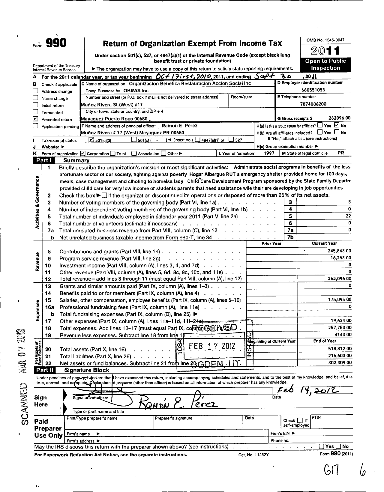 Image of first page of 2010 Form 990 for Organization Benefica de Restauracion and Accion Social