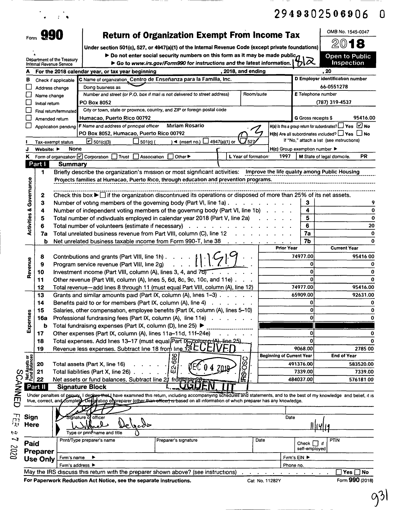 Image of first page of 2018 Form 990 for Centro de Ensenanza Para La Familia