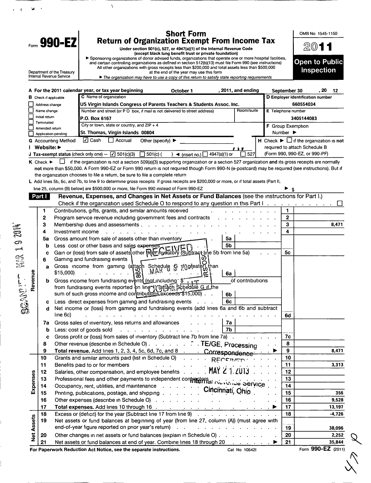 Image of first page of 2011 Form 990EZ for Us Virgin Iss Congress of Parents Teachers and Students Association