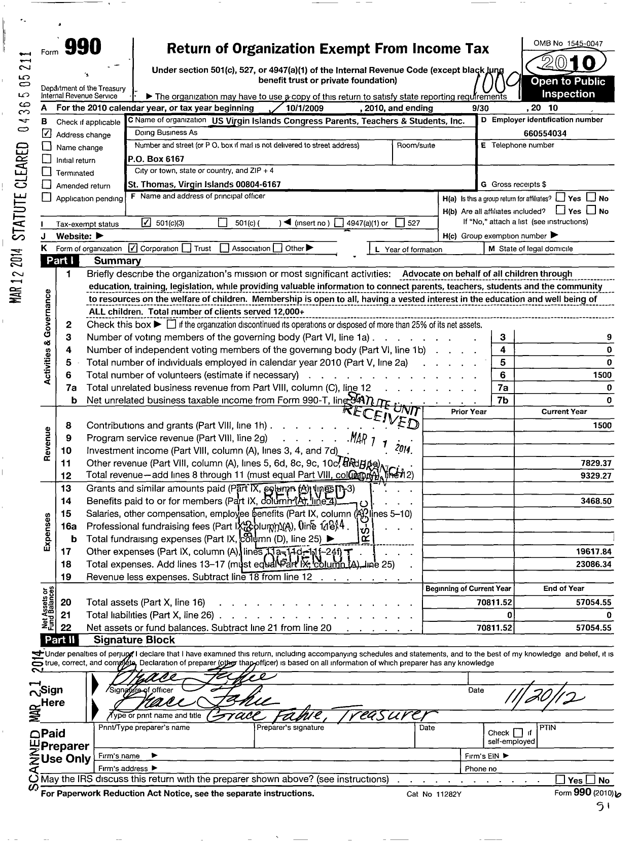 Image of first page of 2009 Form 990 for Us Virgin Iss Congress of Parents Teachers and Students Association