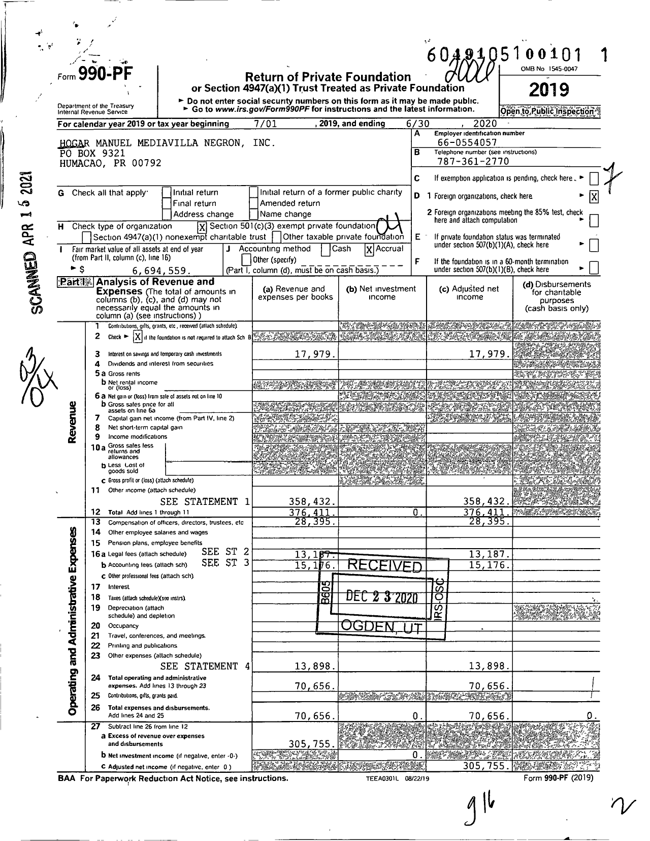 Image of first page of 2019 Form 990PF for Hogar Manuel Mediavilla Negron