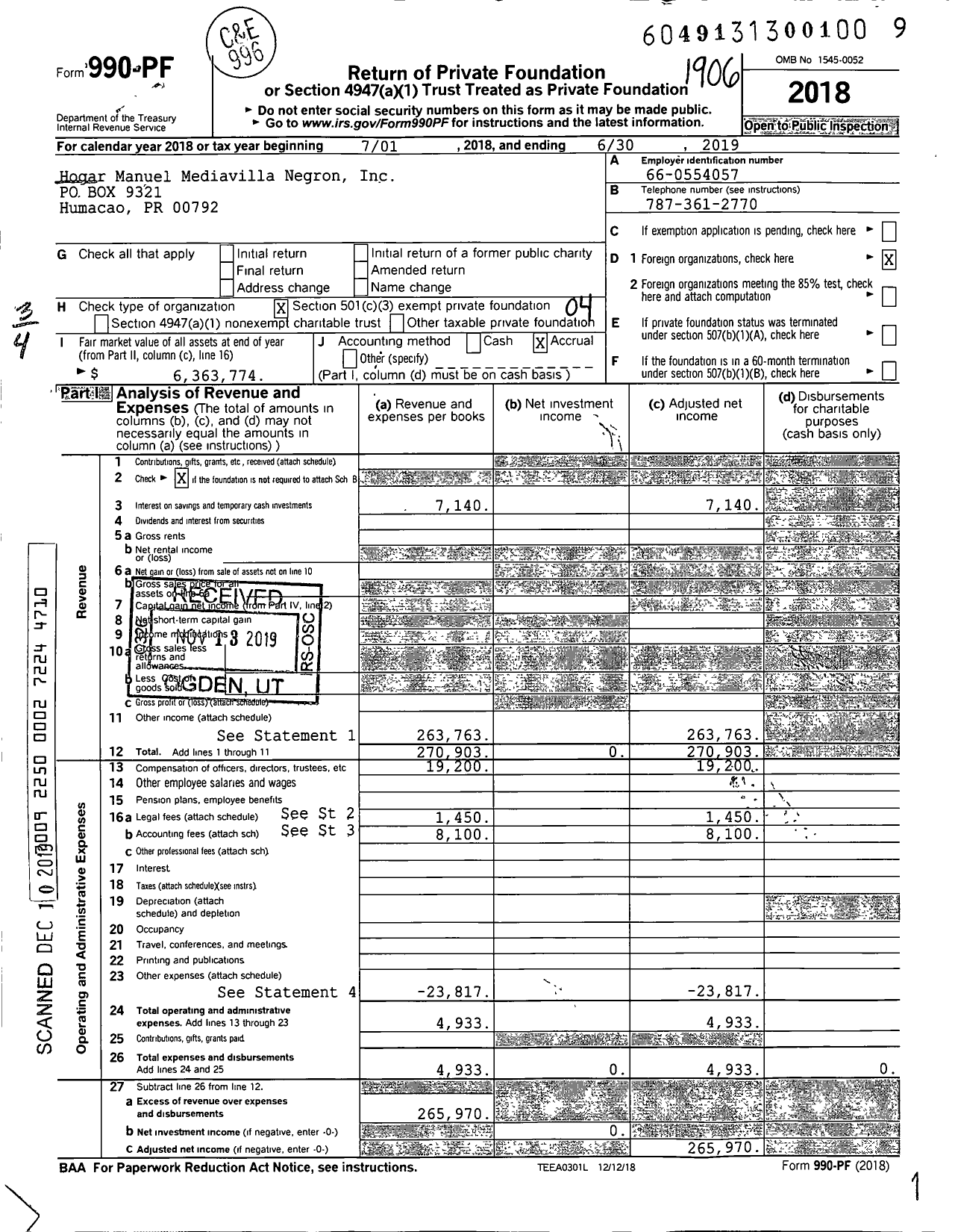 Image of first page of 2018 Form 990PF for Hogar Manuel Mediavilla Negron