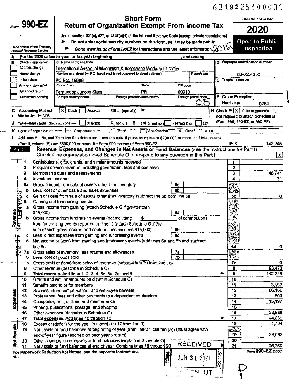 Image of first page of 2020 Form 990EO for International Association of Machinists and Aerospace Workers - 2725 Local Lodge