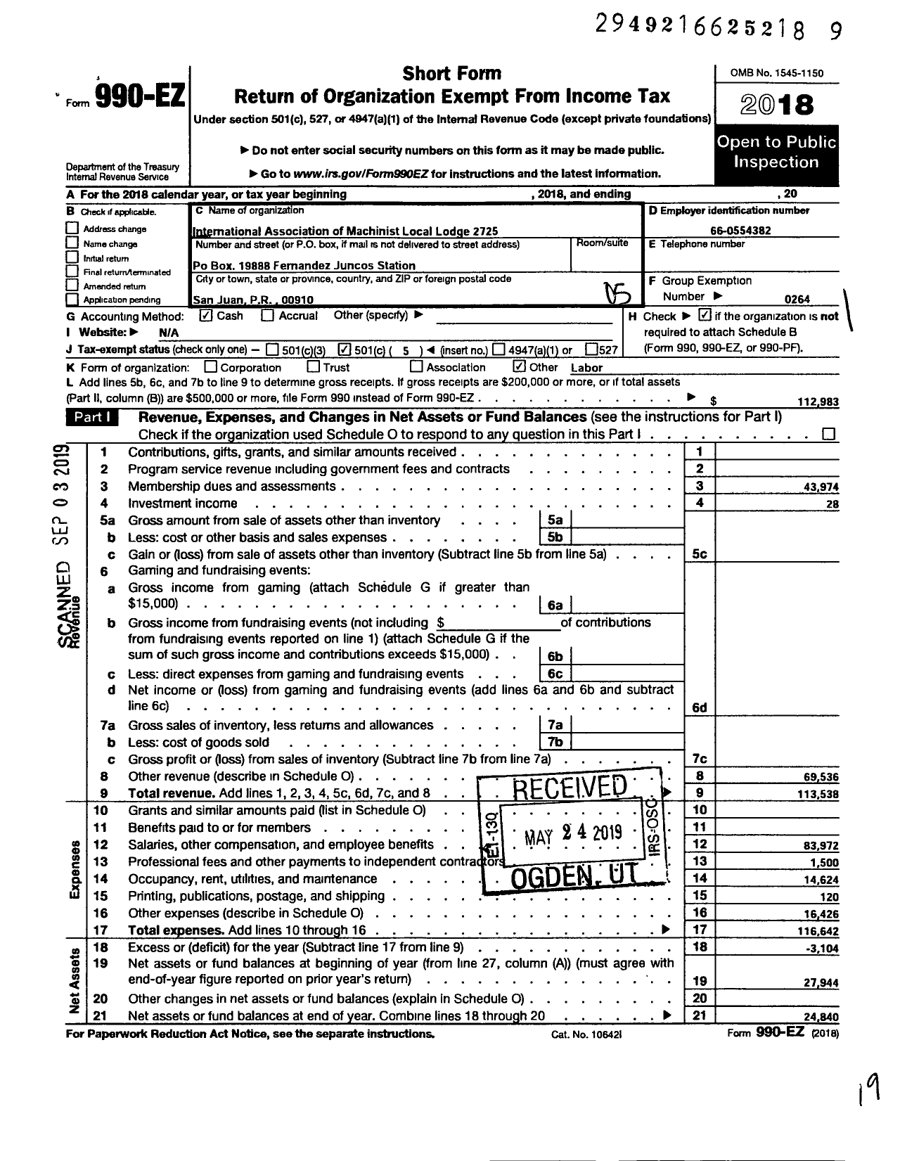 Image of first page of 2018 Form 990EO for International Association of Machinists and Aerospace Workers - 2725 Local Lodge